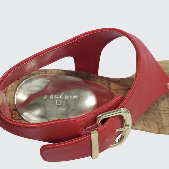 Pesaro Red Faux Leather Peep Toe Sandals With Cork Sole & Gold Buckle Size 11M - Picture 6 of 11